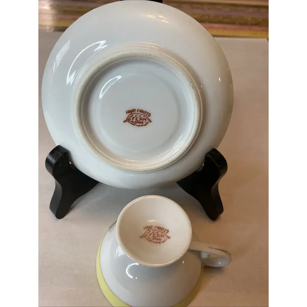 Fern Japan Hand Painted Tea Cup & Saucer Set Of 2 Strawberries Floral 4 PCs